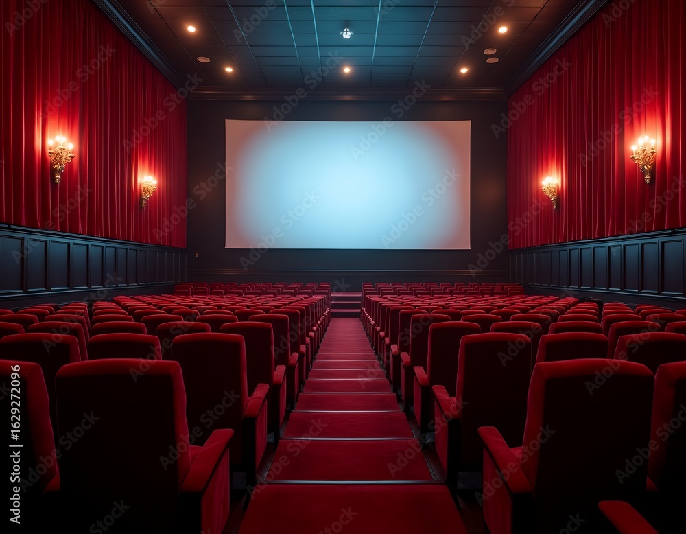 Fototapeta premium Empty cinema auditorium with plush red seating and large screen theater red seats
