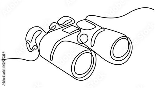 binoculars continuous one line drawing of pro vector illustration. Hunting Binoculars Continuous Line Editable Stroke Line, Minimalist vector illustration depicting a pair of binoculars.