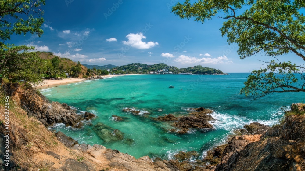A scenic view of a pristine tropical beach features clear turquoise waters lapping against the rocky shore. Lush greenery frames the coastline, inviting relaxation and exploration. A scenic view of a pristine tropical beach features clear turquoise waters lapping against the rocky shore. Lush greenery frames the coastline, inviting relaxation and exploration.
