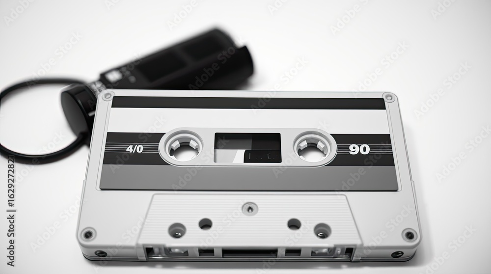 Fototapeta premium A close up view of a vintage audio cassette next to a compact tape recorder evoking memories of music and recordings from earlier decades
