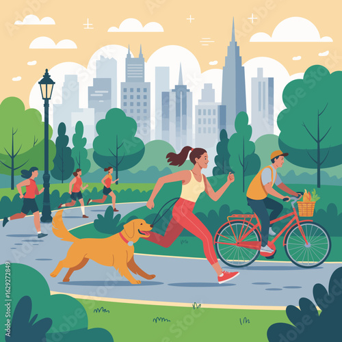 A lively urban scene showcasing individuals jogging, cycling, and walking their dogs in a vibrant park setting against a city skyline, reflecting active lifestyles in city life.