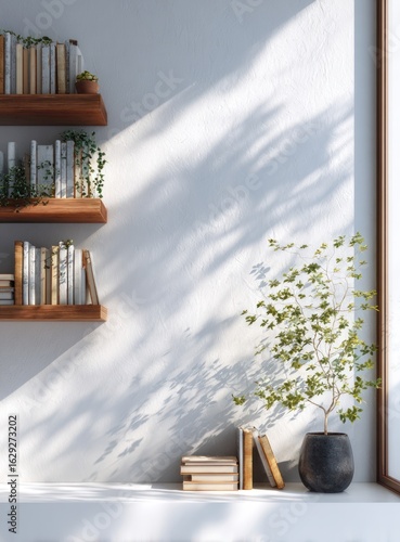 Serene Interior with Bookshelves, Plant, and Sunlight Casting Shadows on Textured Wall