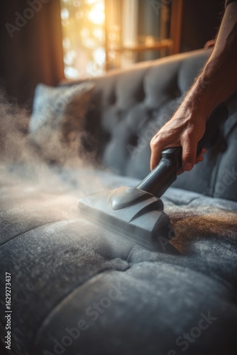 Steam cleaning a dark couch