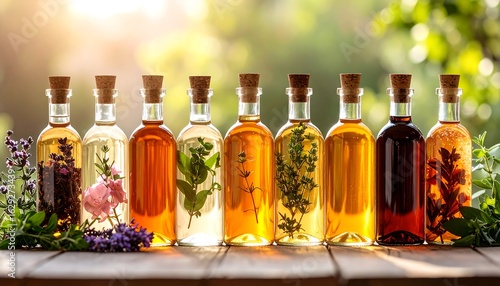 Variety of herbal oils in bottles