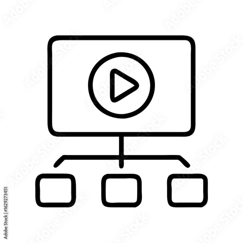 Video streaming platform architecture diagram with play button and multiple output channels view