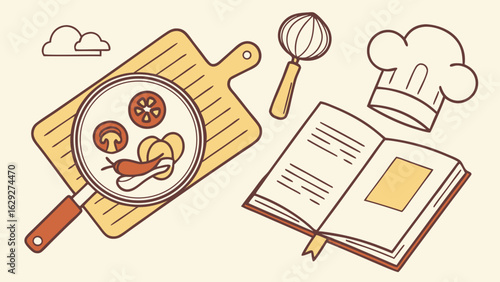 Flat lay illustration of cooking ingredients, utensils, and a cookbook.
