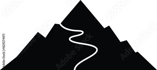 Silhouette of a mountain range with a winding path, simple graphic.