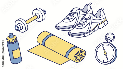 Illustration of fitness equipment including a dumbbell, sneakers, yoga mat, water bottle, and stopwatch.