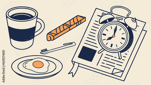 Flat lay illustration of breakfast items, a newspaper, and an alarm clock, suggesting a morning routine.