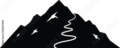 Black and white silhouette of a mountain range with a winding path leading to the peak.