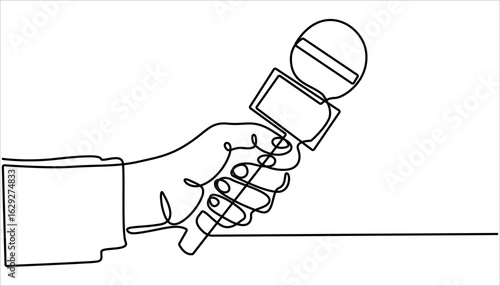 
Continuous one line drawing of hand holding news microphone. Journalist, reporter concept, Continuous line art drawing of hand holding microphone. This minimalist illustration represents a TV news.