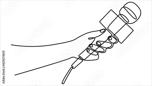 
Continuous one line drawing of hand holding news microphone. Journalist, reporter concept, Continuous line art drawing of hand holding microphone. This minimalist illustration represents a TV news.