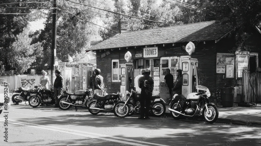 Obraz premium Vintage Gas Station with Motorcycles and Bikers in Black and White