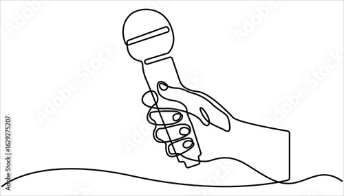 
Continuous one line drawing of hand holding news microphone. Journalist, reporter concept, Continuous line art drawing of hand holding microphone. This minimalist illustration represents a TV news.