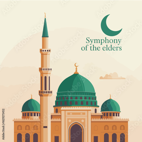 A beautiful mosque featuring a large green dome and tall minaret against a soft sunset background, symbolizing peace and spirituality in a serene atmosphere.