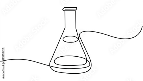 Lab experiment tools in continuous single one line art drawing. Minimalist glassware for laboratory research. Chemical lab flask, Laboratory test tube in continuous one line drawing. Editable vector.
