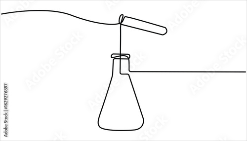 Lab experiment tools in continuous single one line art drawing. Minimalist glassware for laboratory research. Chemical lab flask, Laboratory test tube in continuous one line drawing. Editable vector.