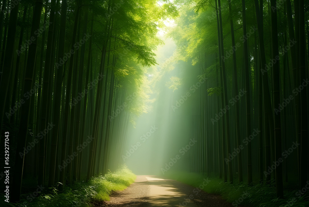 Fototapeta premium Bamboo Forest Path with Light Rays