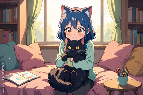 Anime Cat Girl with Black Cat in Soft Twilight Room, Emotional Vector Illustration