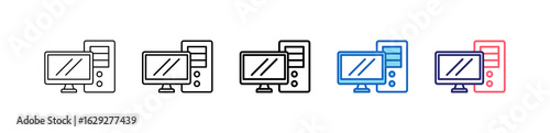 Desktop Pc Icon In 5 Different Styles Set Collection.   