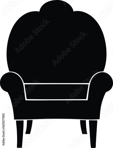 Silhouette of a classic armchair with a high ornate back. Elegant furniture vector icon on white.
