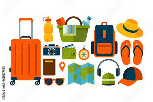 Travel essentials vector illustration for vacation planning and summer holiday trip showcasing a suitcase hat and camera to document your adventure