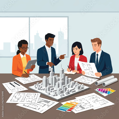A diverse team of architects and designers collaborate around a table, reviewing building plans and a city model in a modern office setting, brainstorming ideas.