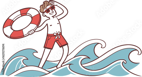 Confident lifeguard surveys ocean waves while walking along sandy beach with life preserver vector.