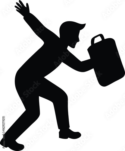 Businessman silhouette running with a briefcase, expressing urgency and haste for work.