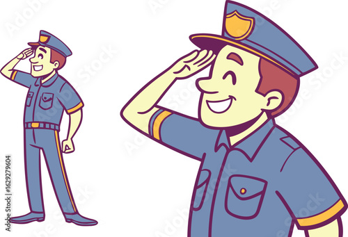 Friendly policeman salutes smartly, embodying dedication and service with a welcoming smile.