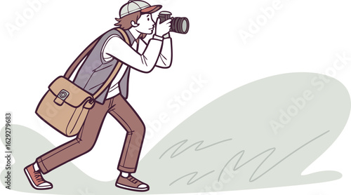 Enthusiastic photographer captures stunning moments with vintage camera and messenger bag, exploring outdoors.