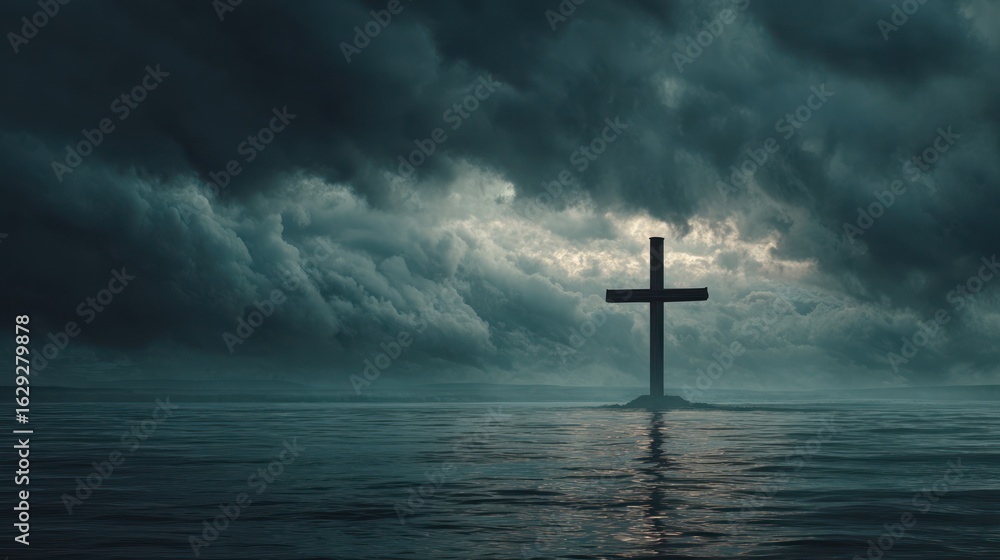 Naklejka premium Dark cross on a stormy sea