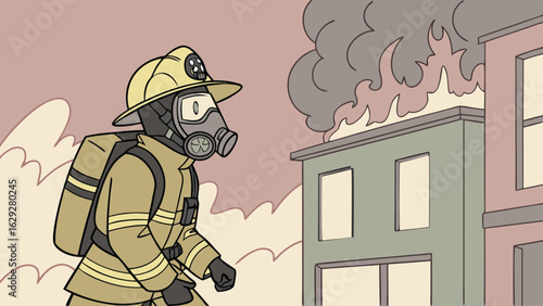 Brave firefighter in protective gear with mask and oxygen tank stands ready against smoke and flames vector.