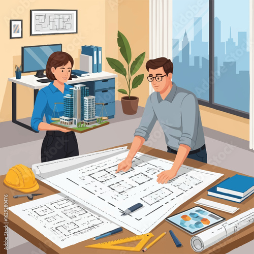 Two professional architects, a man and a woman, collaborate on building plans, reviewing blueprints and a model in their modern office with a city view.