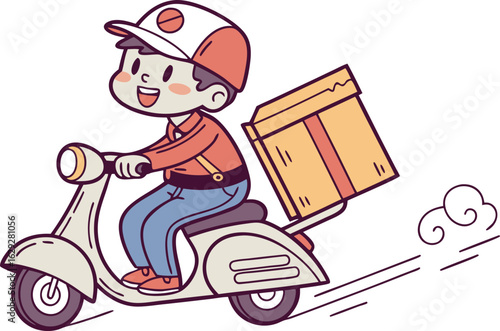 Happy delivery person speeds on scooter with package, bringing joy and efficiency to your doorstep swiftly.