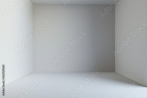 A digitally rendered, empty, white cube-shaped room with subtle light gradients on the walls and floor, suggesting a single light source