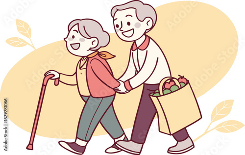 Joyful elderly couple strolling together, one leaning on a cane, conveying companionship and active aging vector.