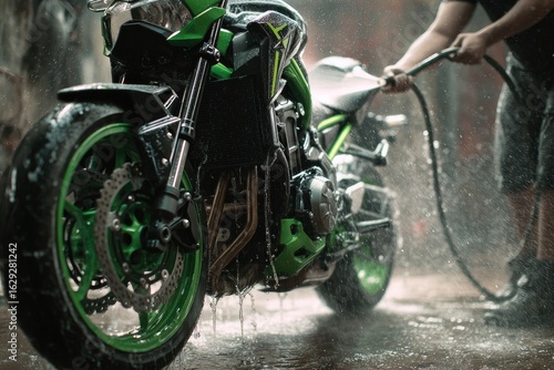 Green motorcycle being washed
