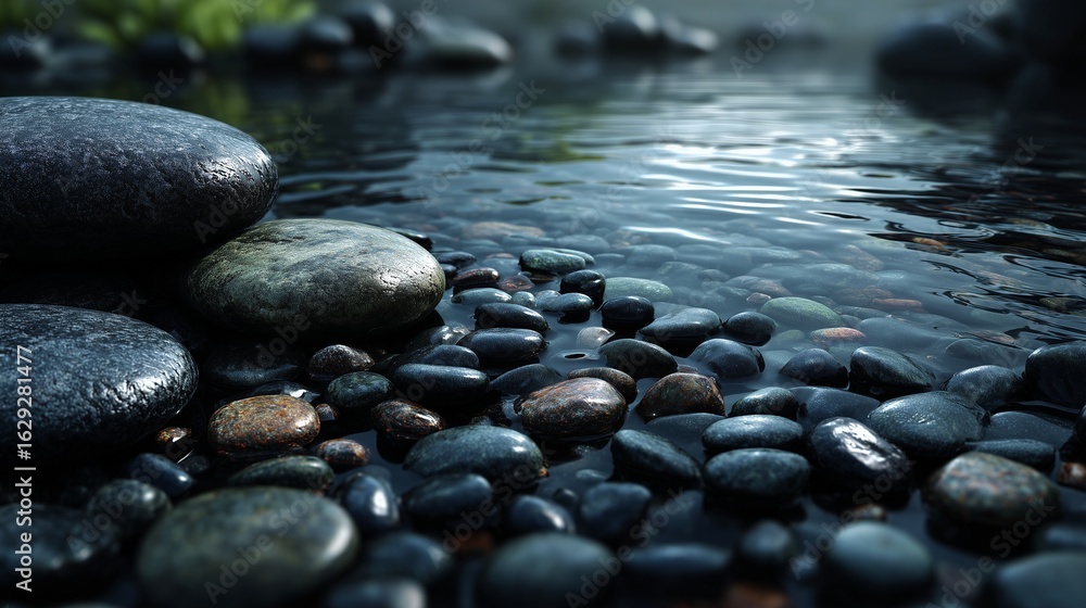 Obraz premium A smooth black stone in shallow water, dark elegance, liquid reflections, zen calmness