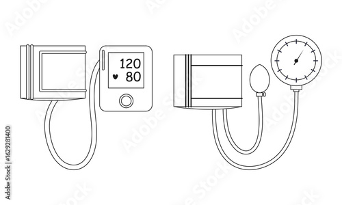 Set of line vector of manual and digital blood pressure monitors icons. Black and white medical device. Illustration in outline cartoon style