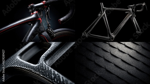 Carbon fiber bicycle details showcase textures and construction against a dark background