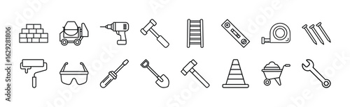Construction tools and equipment outline vector set for diy and home improvement projects