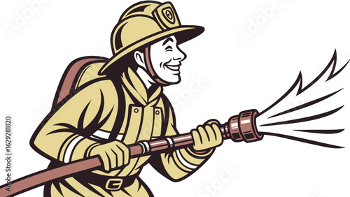 Brave firefighter sprays water with hose ready to protect and serve communities vector.