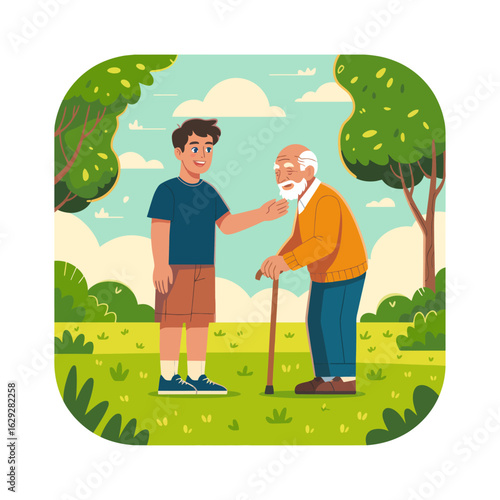 The young man shares a jovial moment with an elderly man in a bright green field, both smiling and enjoying their time together under the sunny sky and surrounding trees.