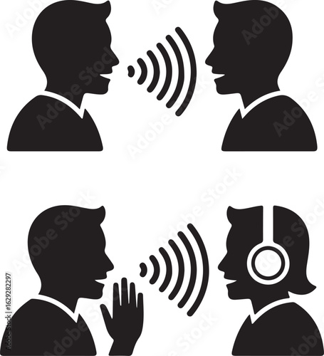 Silhouettes of people communicating and listening with sound waves