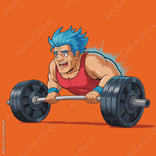 A worried-looking man with blue hair is attempting to lift a heavy barbell, conveying the struggle and effort of pushing physical limits against a bold orange backdrop.