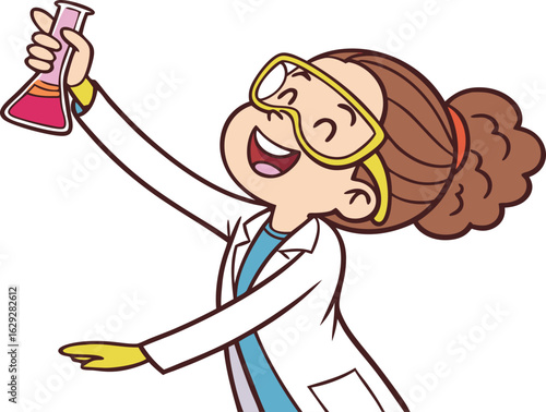 Excited scientist holding up test tube with liquid, ready for discovery in laboratory setting vector.