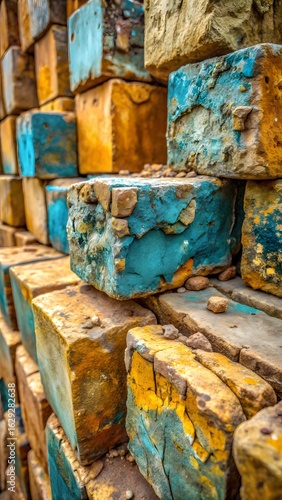 Wallpaper Mural Closeup of weathered blue and ochre bricks with peeling paint Torontodigital.ca