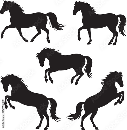 Silhouettes of five majestic horses in motion