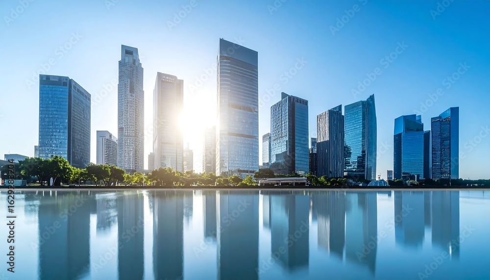 Naklejka premium City skyline reflecting in calm water
